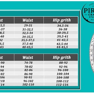May include: A teal-colored graphic with a size chart in inches and centimeters, labeled "USA - in" and "Europe - cm." The chart includes sizes XS to XXXL, with chest, waist, and hip girth measurements. A stylized male figure is on the right.