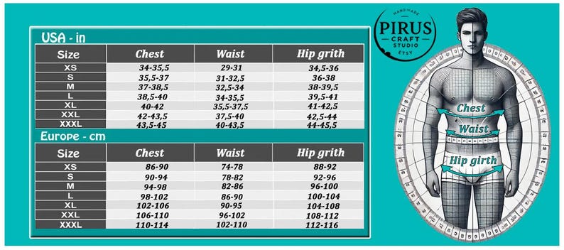 May include: A teal-colored graphic with a size chart in inches and centimeters, labeled "USA - in" and "Europe - cm." The chart includes sizes XS to XXXL, with chest, waist, and hip girth measurements. A stylized male figure is on the right.