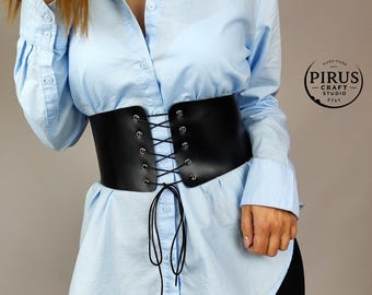 Wide Leather Underbust Corset Belt with Lace-Up Waist Cincher