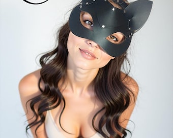 Masque de chat en cuir fait main – Style Halloween