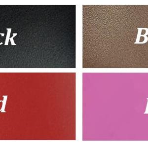 May include: A collage of four color swatches: black, brown, red, and pink. Each swatch has the color name in white text. The colors are solid and appear to be leather or a similar material.