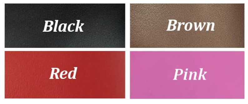 May include: A collage of four color swatches: black, brown, red, and pink. Each swatch has the color name in white text. The colors are solid and appear to be leather or a similar material.