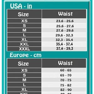 Puede incluir: Tabla de tallas para ropa en pulgadas estadounidenses y cent&iacute;metros europeos. La tabla muestra las medidas de cintura para las tallas XS, S, M, L, XL, XXL y XXXL.
