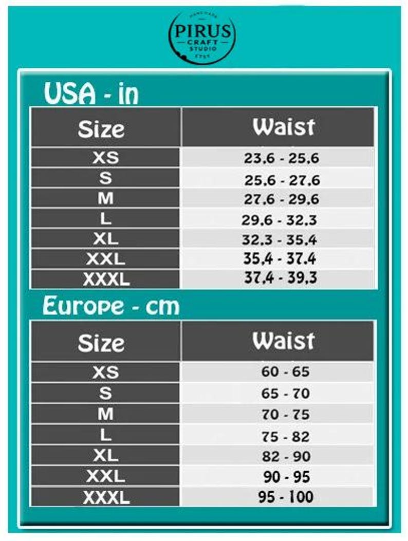 Puede incluir: Tabla de tallas para ropa en pulgadas estadounidenses y cent&iacute;metros europeos. La tabla muestra las medidas de cintura para las tallas XS, S, M, L, XL, XXL y XXXL.