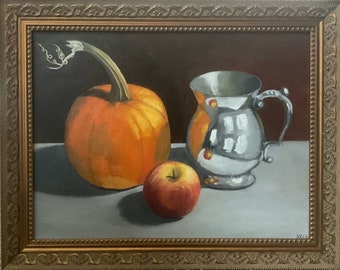Still Life with Pumpkin, Apple, and Pewter Tankard
