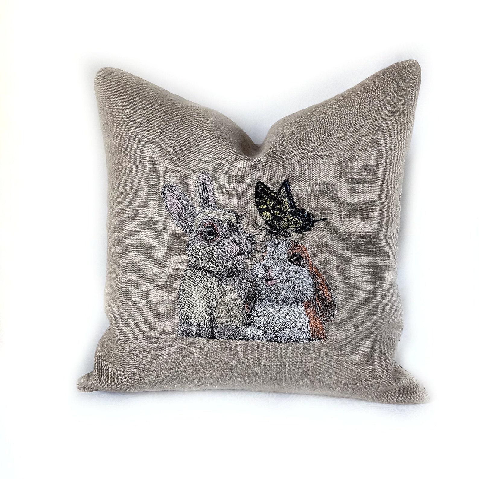Rabbit cushion Linen pillowcase bunny embroidery Farmhouse Etsy