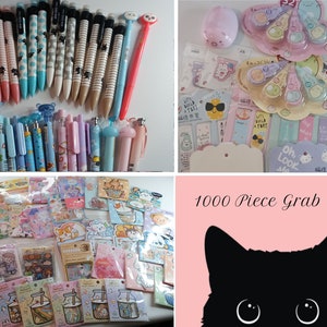 May include: A collection of stationery items, including pens with various designs, stickers, and sticky notes. The image also features a pink background with a black cat silhouette and the text "1000 Piece Grab Bag".