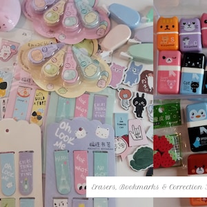 May include: A collection of colorful erasers, bookmarks, and correction tape featuring cute animal and cartoon designs. The erasers are in a clear plastic container, the bookmarks are magnetic, and the correction tape is in a variety of colors.