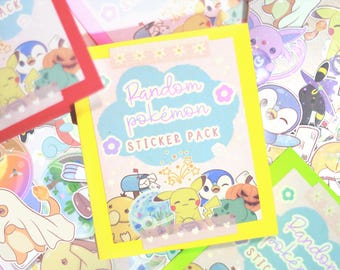 May include: A sticker pack with a yellow background and the text "Random Pokémon Sticker Pack". The pack features a variety of Pokémon characters, including Pikachu, Bulbasaur, Charmander, Squirtle, and more.