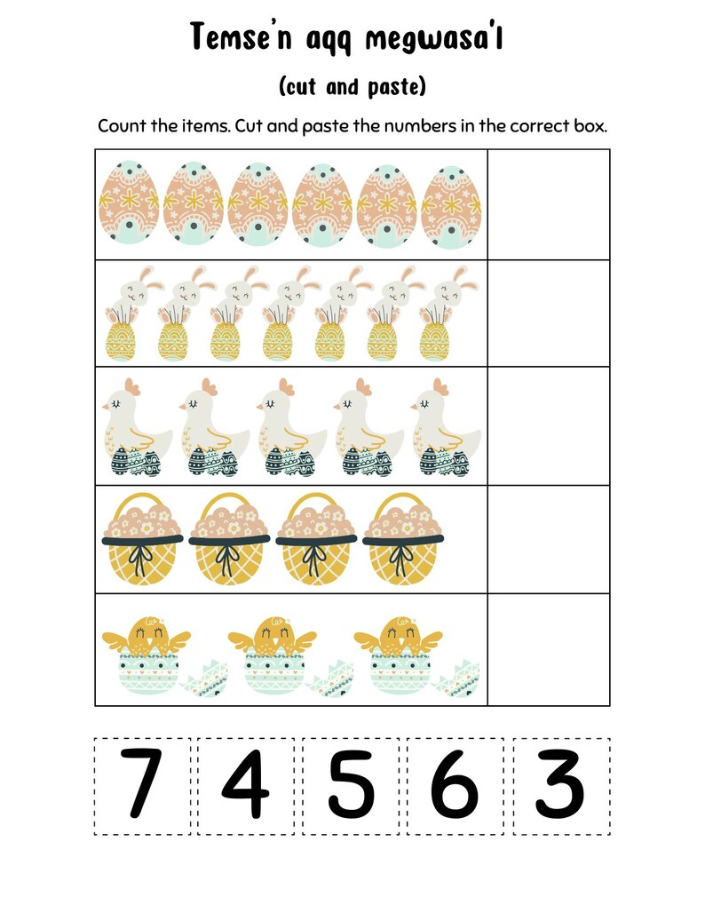 May include: A printable worksheet with a counting activity for children. The worksheet features five rows of Easter-themed images, including eggs, bunnies, chicks, baskets, and chicks in eggshells. The numbers 7, 4, 5, 6, and 3 are provided for the child to cut out and paste next to the corresponding images.