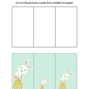 May include: Three images of a white bunny sitting on a yellow and gold Easter egg. The bunny in the first image is the smallest, the bunny in the second image is medium sized, and the bunny in the third image is the largest. The bunnies have closed eyes and a pink nose. The eggs have a geometric pattern.