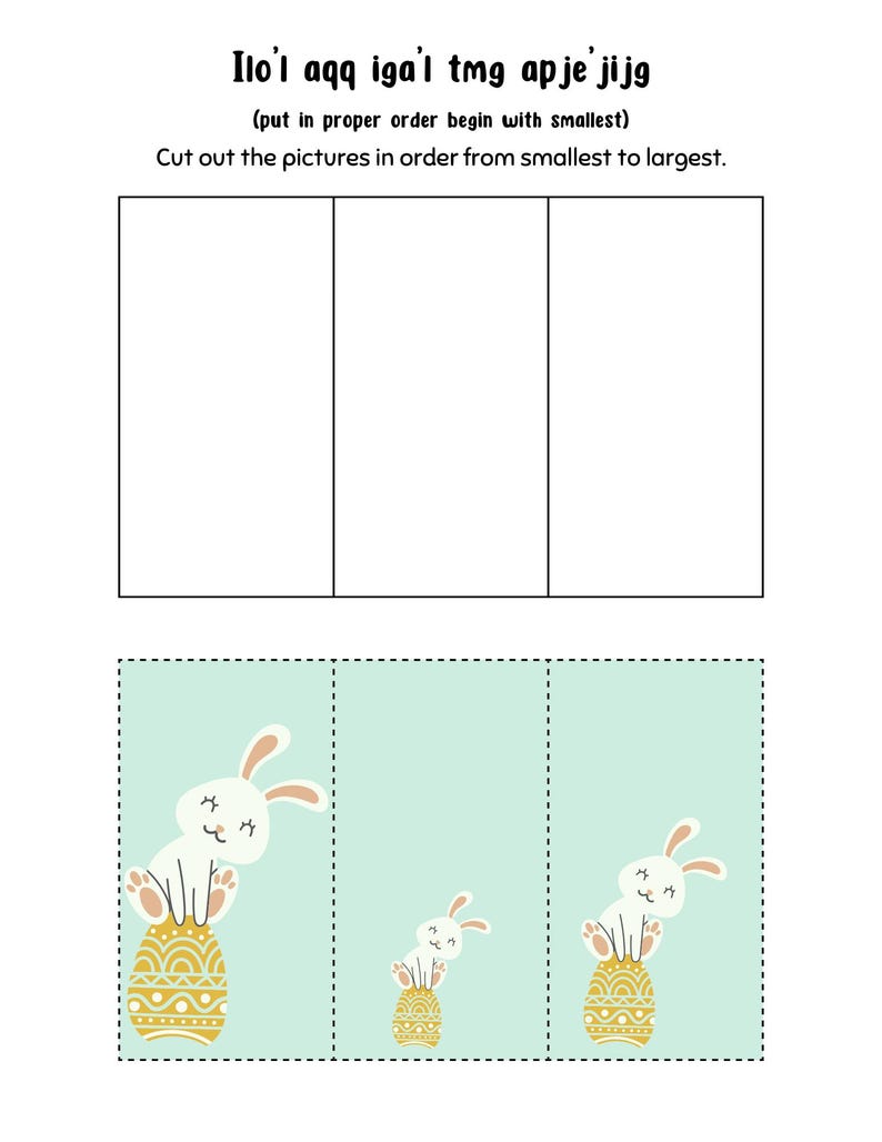 May include: Three images of a white bunny sitting on a yellow and gold Easter egg. The bunny in the first image is the smallest, the bunny in the second image is medium sized, and the bunny in the third image is the largest. The bunnies have closed eyes and a pink nose. The eggs have a geometric pattern.