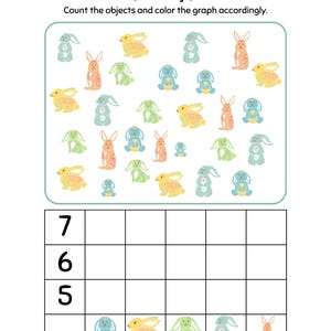 May include: A worksheet with a counting activity featuring colourful bunnies. The text 'Ta'sijig?' (how many?) is at the top of the page. The worksheet asks the user to count the bunnies and colour the graph accordingly. There are 7 rows on the graph, numbered 5, 6, and 7.