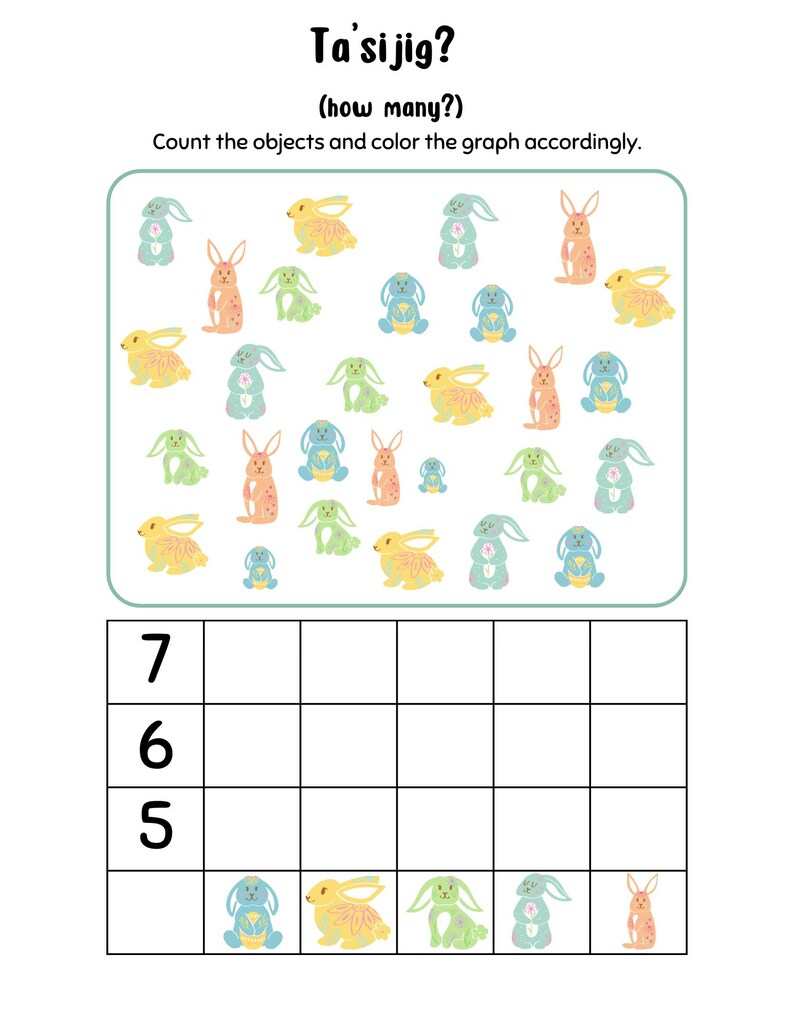 May include: A worksheet with a counting activity featuring colourful bunnies. The text 'Ta'sijig?' (how many?) is at the top of the page. The worksheet asks the user to count the bunnies and colour the graph accordingly. There are 7 rows on the graph, numbered 5, 6, and 7.