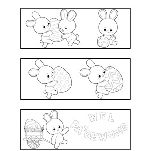May include: Black and white colouring page featuring three different scenes with bunnies holding Easter eggs. The text "Gnuqwaqann ugjit wi' gatiqn Coloring Bookmarks" is at the top of the page. The bottom scene features a bunny pulling a wagon full of Easter eggs with the text "WEL PA'GEWUMG" written around it.