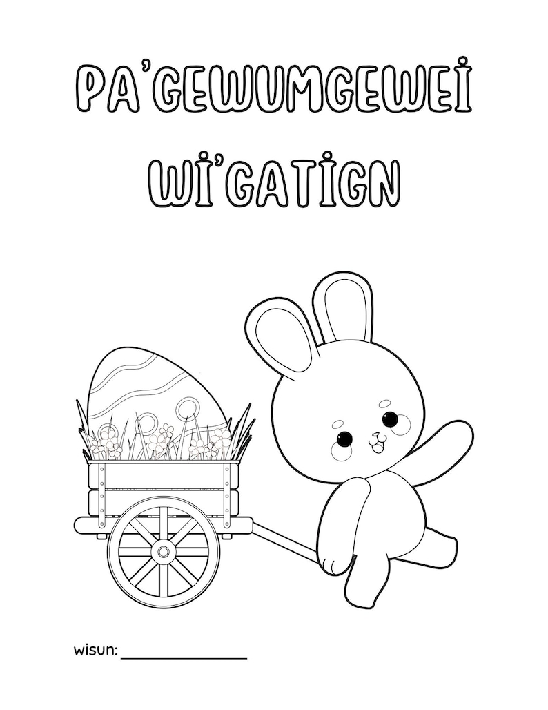 May include: A black and white line drawing of a bunny pulling a wagon full of Easter eggs. The wagon has a wooden frame and wheels. The bunny has big ears and a happy expression. The text "PA' GEWUMGEWEI WI' GATIGN" is at the top of the image.
