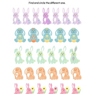 May include: A worksheet with the text "Newte' mu teleiawinug (one does not belong)" and instructions to "Find and circle the different one." The worksheet features five rows of bunny rabbits with different patterns and colours.