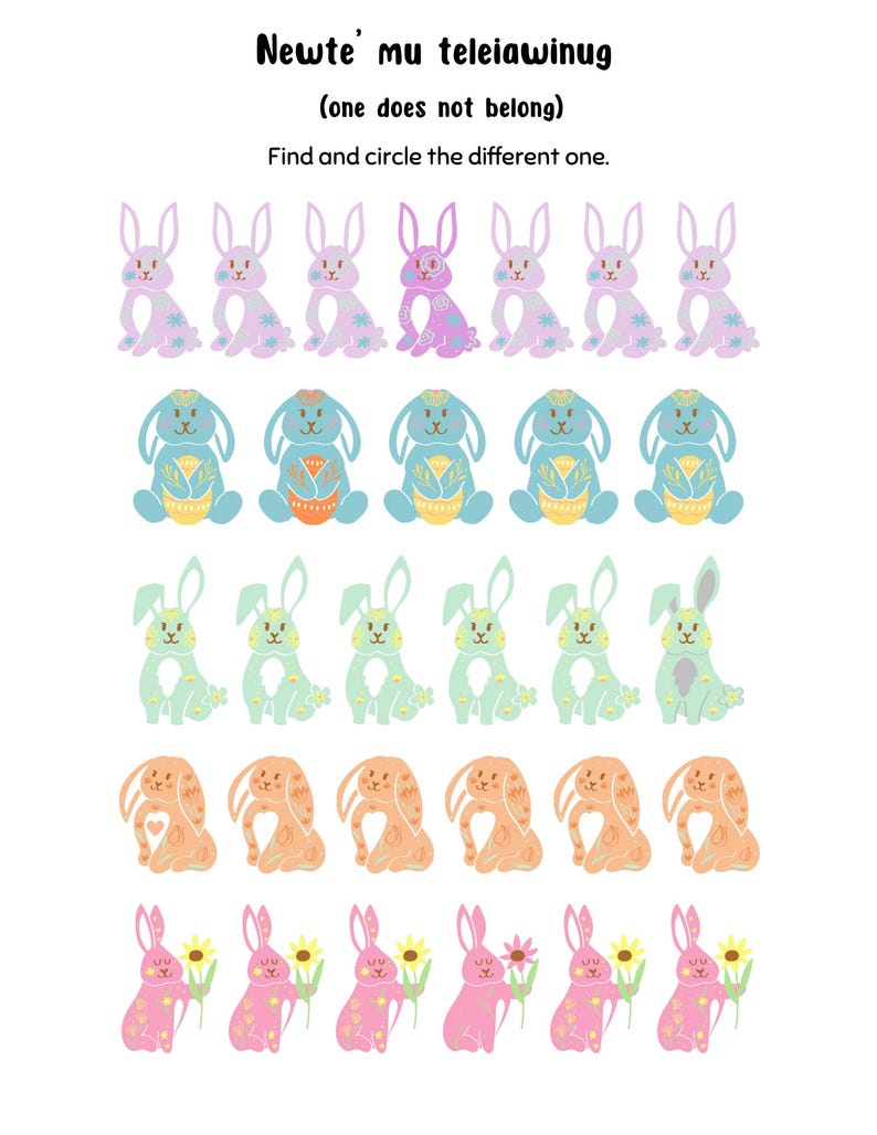 May include: A worksheet with the text "Newte' mu teleiawinug (one does not belong)" and instructions to "Find and circle the different one." The worksheet features five rows of bunny rabbits with different patterns and colours.