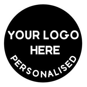 May include: Black and white circle with the text "YOUR LOGO HERE PERSONALISED" in white.
