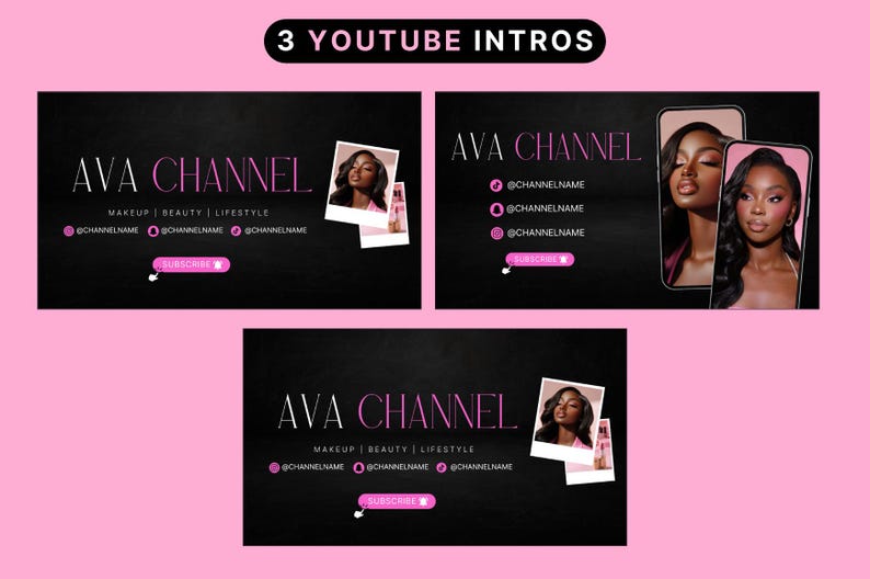 Animated YouTube intro and outro templates for luxury female content creators, editable in Canva