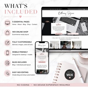 Modern Wix website template featuring marble, gray and nude pink aesthetic, customizable pages for small business and personal brands