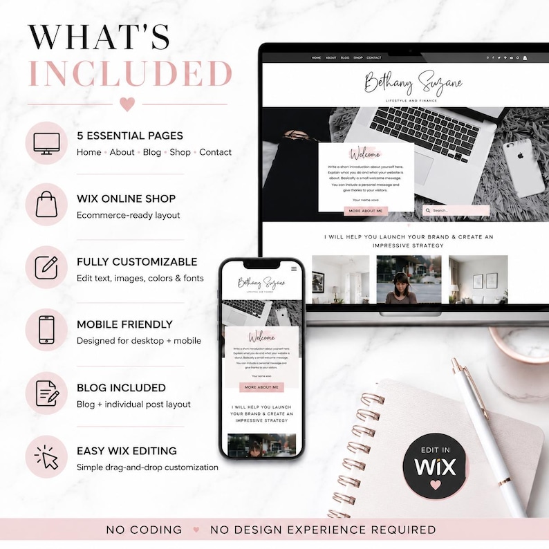 Modern Wix website template featuring marble, gray and nude pink aesthetic, customizable pages for small business and personal brands