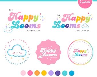 Colorful Rainbow Logo Design Canva Template, Girly Small Business Logo, Cute Kids Boutique Logo, Preschool & Teacher Branding Kit