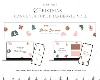 May include: A Canva YouTube branding bundle with a Christmas theme. The design includes a banner, laptop, and phone mockups with festive illustrations like gifts, sweaters, and Christmas trees. The text includes "Christmas" and "Studio Eburnean".