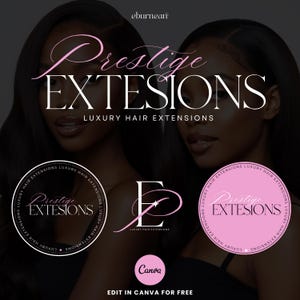 Puede incluir: Un logotipo para un negocio de extensiones de cabello llamado "Prestige Extensions" con el lema "Luxury Hair Extensions". El logotipo presenta un círculo rosa con un contorno blanco y el texto "Prestige Extensions" en blanco. El logotipo está rodeado del texto "Luxury Hair Extensions" en blanco.