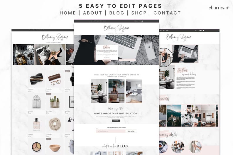 Five-page Wix website template with Home, About, Blog, Shop and Contact pages for coaches, bloggers and service businesses