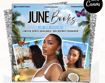 May include: DIY editable flyer template with the text "JUNE Books" over a beach scene with women, butterflies, and coconuts. The flyer includes the text "ARE NOW AVAILABLE" and "LIMITED SPOTS AVAILABLE!" with the Canva logo.