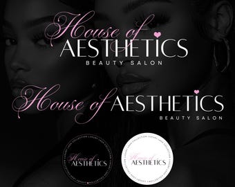Puede incluir: Logotipo de salón de belleza con el texto "House of Aesthetics" en cursiva, con "Beauty Salon" debajo. El logotipo es rosa y blanco sobre un fondo oscuro. La imagen también incluye el texto "Edit in Canva for Free".