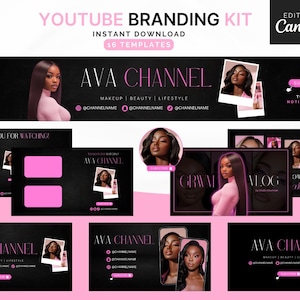 May include: A set of 16 customizable YouTube branding templates featuring a black background with pink accents. The templates include a channel banner, end screen, and other graphics. The text "AVA CHANNEL" is featured on several of the templates.