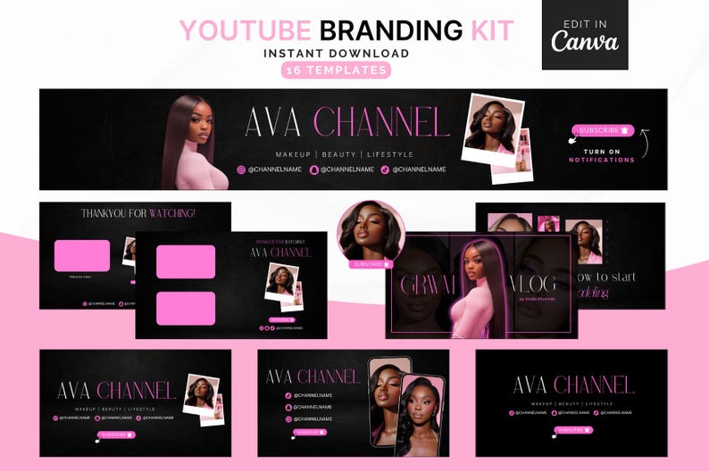 Luxury YouTube branding kit Canva templates for female content creators with matching banner, thumbnails, intro, outro and watermark designs