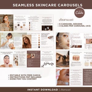 Könnte beinhalten: Ein digitales Produkt mit Informationen zur Hautpflege. Das Design umfasst mehrere Panels mit Text und Bildern, die Themen wie Antioxidantien, Hauttypen und Peptide behandeln. Das Produkt ist mit Canva bearbeitbar und enthält Anweisungen und vorgefertigte Inhalte.