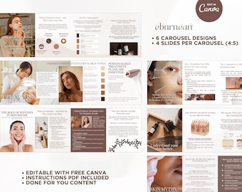 May include: A digital product showcasing skincare information. The design includes multiple panels with text and images, covering topics like antioxidants, skin types, and peptides. The product is described as editable with Canva, including instructions and pre-made content.