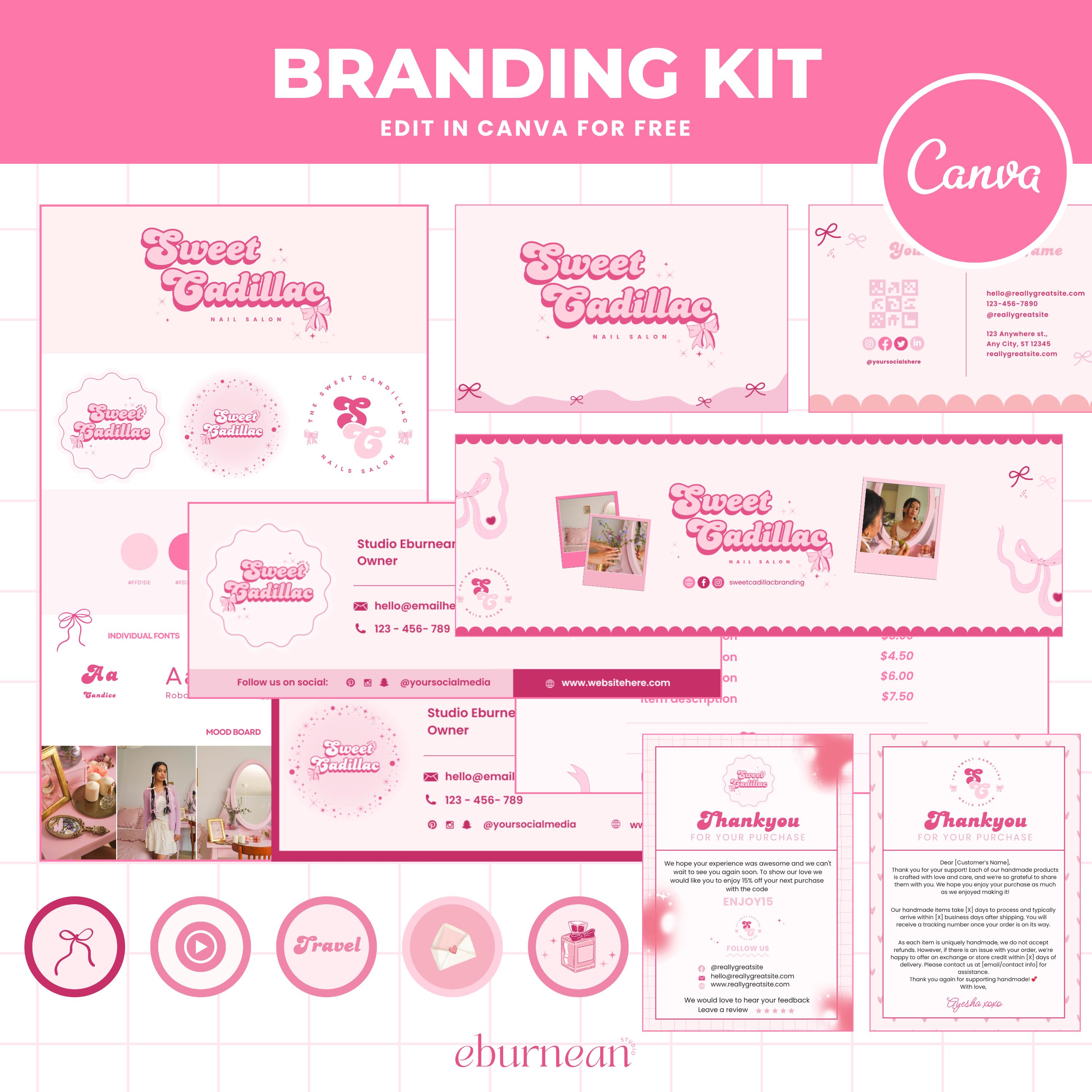 Pink Branding Kit, Coquette Logo, Editable Canva Templates, Small Business Logo, Business Card, Social Media Canva Templates