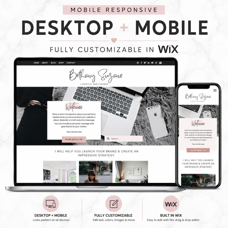 Responsive Wix website template shown on desktop and mobile with fully customizable design, professional layout and mobile-friendly pages