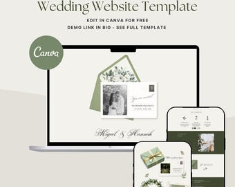 Sage Green & Floral Wedding Website Template with RSVP, Editable Canva Invitation