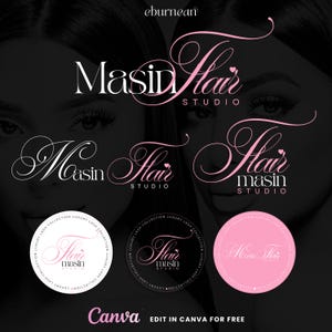 May include: A collection of logos for Masin Flair Studio, a luxury lash collection. The logos feature elegant cursive text in white and pink, with a heart symbol. The background is a dark gray with blurred images of eyes.