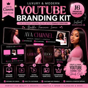 Complete luxury YouTube channel kit for baddie female creators featuring cohesive modern branding templates for Canva