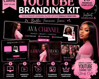 Luxe YouTube-kanaalkit met Canva-sjabloon, YouTube-brandingkit, banner, thumbnail, intro & outro, kanaalafbeelding, branding voor contentmakers