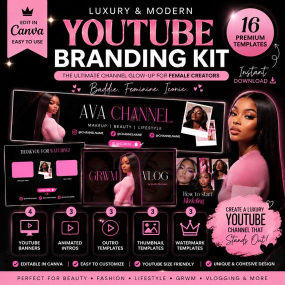 Luxury YouTube Channel Kit Canva Template, YouTube Branding Kit, Banner, Thumbnail, Intro & Outro, Channel Art, Content Creator Branding
