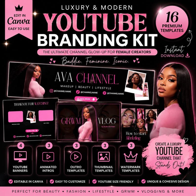 Complete luxury YouTube channel kit for baddie female creators featuring cohesive modern branding templates for Canva