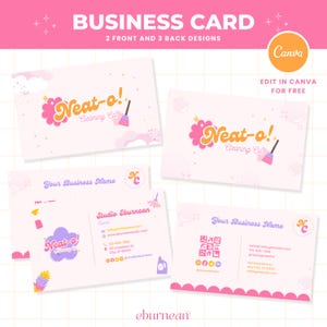Bunte Visitenkarte Vorlage, bearbeitbar in Canva, süße Retro Visitenkarte, Canva Visitenkarte Design, kreative Reinigung Visitenkarte