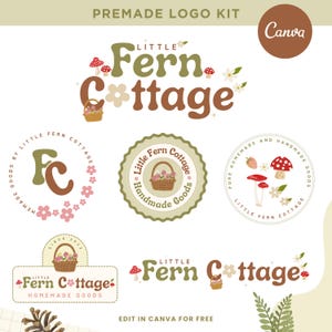 Puede incluir: Kit de logotipos prefabricados con el texto "Little Fern Cottage". Los logotipos presentan ilustraciones florales y de setas, con una paleta de colores marrón, verde y rosa. También es visible el logotipo de Canva.