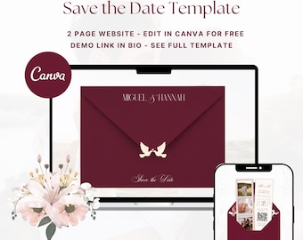 Burgundy Save The Date Website, Save Date Canva Template, Modern Online Wedding Invitation Design