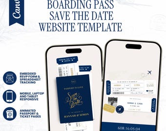 Boarding Pass Save the Date Website Template, Editable Canva Wedding Invitation, Destination Wedding Digital Invite, Travel Theme RSVP