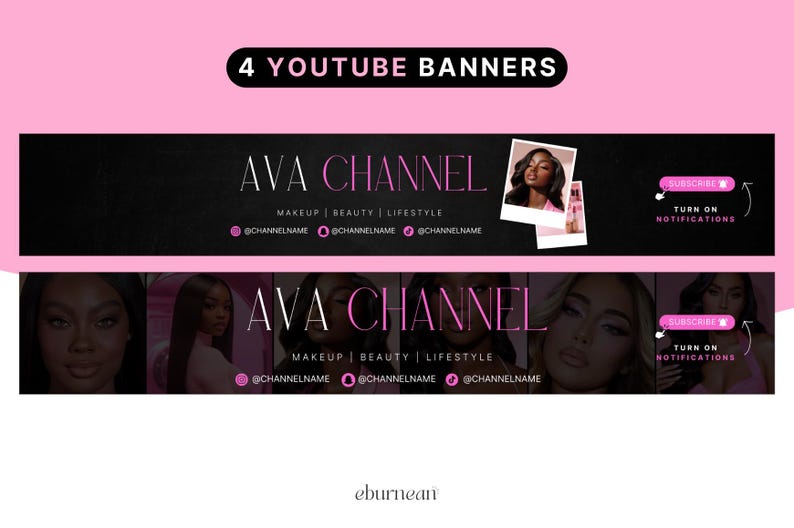 Editable Canva YouTube branding kit with feminine channel art, video thumbnails, intro slides, outro designs and watermarks