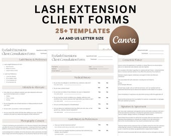 May include: A set of printable lash extension client forms in A4 and US letter size. The forms include a client consultation form, consent and waiver, and signature and agreement. The forms are designed to be used with Canva.